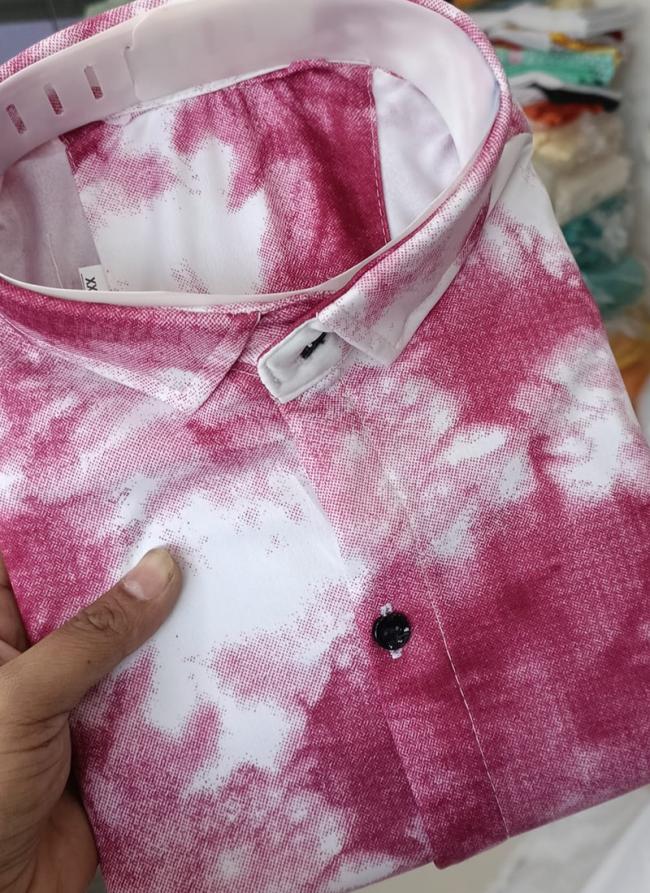 Cotton Lycra Pink Casual Wear Printed Short Sleeve Shirt